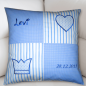 Preview: Kissenhülle mit Name + Datum + Herz + Krone bestickt 40x40 cm -blau-