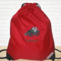 Preview: Turnbeutel "Sporty" mit Wunschmotiv und Name bestickt für Kindergartenkinder & Große -personalisiert- Farbe: rot