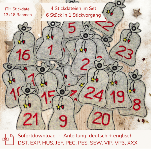 Stickdatei-Set 24 Anhänger für Adventskalender Geschenkesack 4x6 Dateien für 13x18cm Stickrahmen