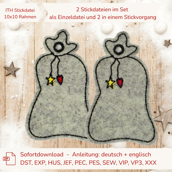 Geschenkebeutel 2er Set Stickdatei für 10x10 cm Stickrahmen