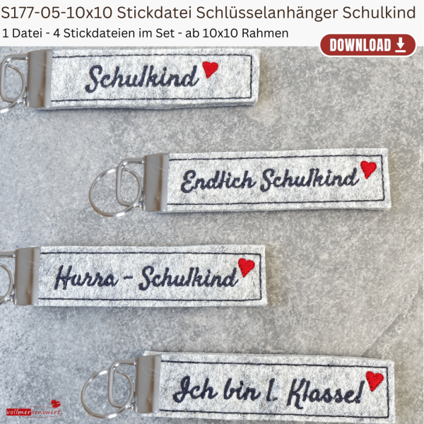 ITH Stickdateien Set - Schlüsselanhänger zur Einschulung | 4 Motive | 10x10 Rahmen