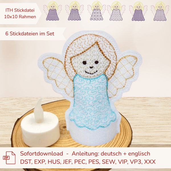 6 ITH Engel LED-Cover Stickdateien für 10x10 cm Stickrahmen Schutzengel Set 1