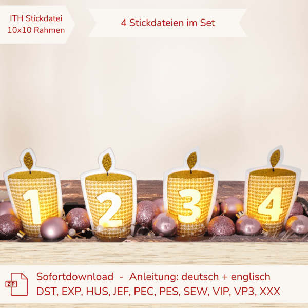 Stickdatei Adventskranzkerzen LED-Cover für 10x10cm Stickrahmen