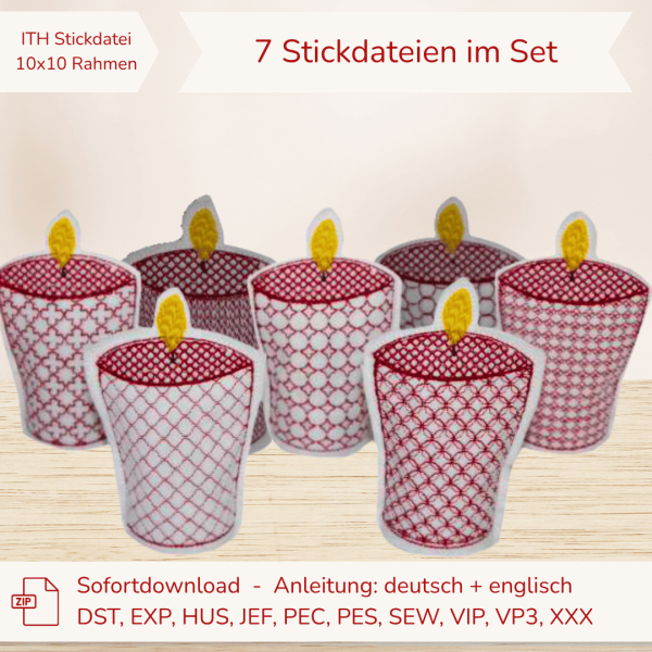 7 ITH Stickdateien LED Teelicht Cover Kerzen für 10x10 cm Stickrahmen