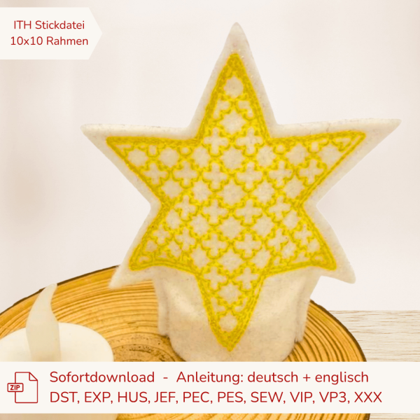 ITH-Stickdatei LED-Teelicht-Cover Stern für 10 x 10 cm Stickrahmen