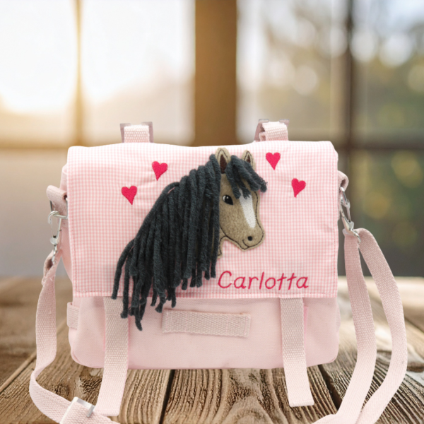 rosa Tasche mit Wunschmotiv und Name bestickt für Kindergartenkinder & Große -mit Klettverschluss -personalisierbar-