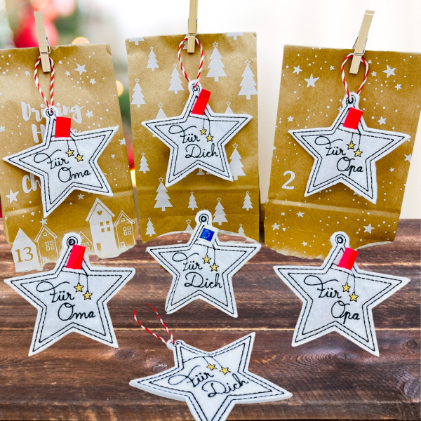 4 Stickdateien ITH Wunscherfüller / Geschenkanhänger Stern für 10x10er Stickrahmen im Set