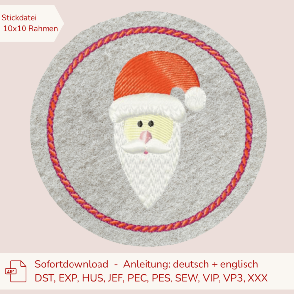 Stickdatei Weihnachtsuntersetzer Nikolaus für den 10x10cm Stickrahmen