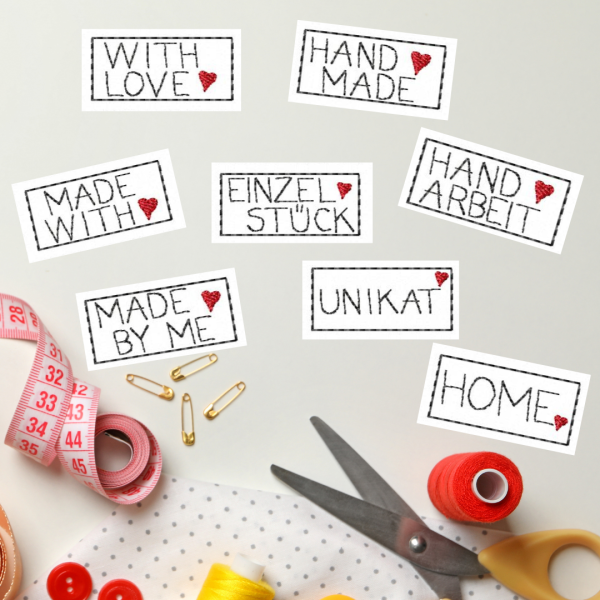 10 Stickdateien im Set Aufnäher HANDMADE als Einzeldateien für den 4x6 cm Stickrahmen und 2 MF-Bögen für 10x10 cm Stickrahmen