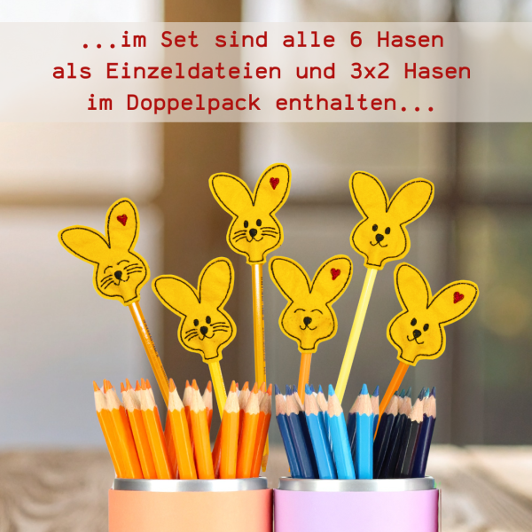 6 ITH - Stickdateien Hasen Stiftetopper als Einzeldateien und im Mehrfachrahmen - Blumenstecker Osterdeko für den 10x10cm Stickrahmen - Geschenkidee Ostern / Frühling