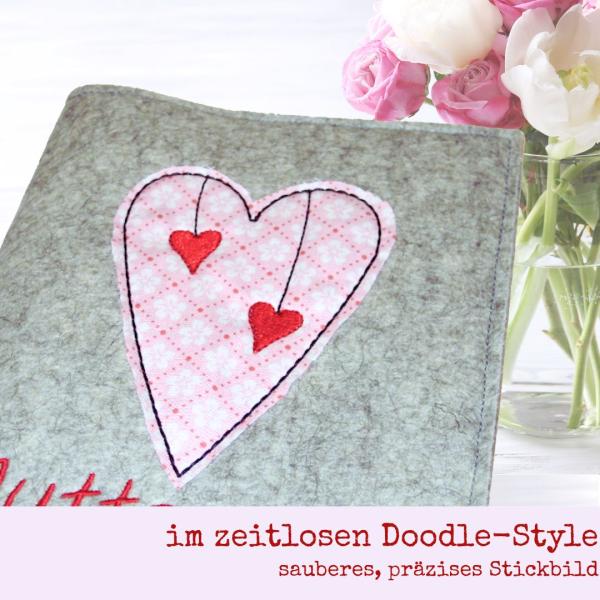 Preview: Stickdatei Herz - Doodle-Applikation mit Baumelherzen Stickmuster für 10 x 10 cm Stickrahmen