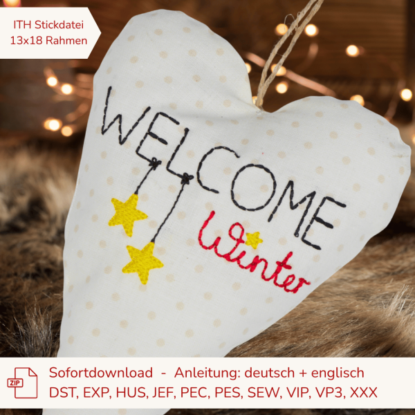ITH Stickdatei Welcome Winter Herz für 13x18 cm Stickrahmen