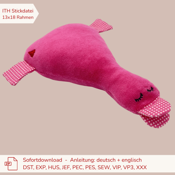 Stickdatei ITH-Ente schläft Kuschelente Schmusetier Größe 19 x 16 cm für 13x18 cm Stickrahmen