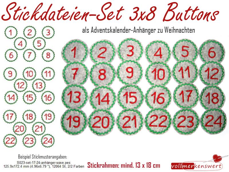 Preview: Stickdatei-Set 24 Adventskalender-Anhänger zur Weihnachtszeit 3x8 Buttons für 13x18cm Stickrahmen