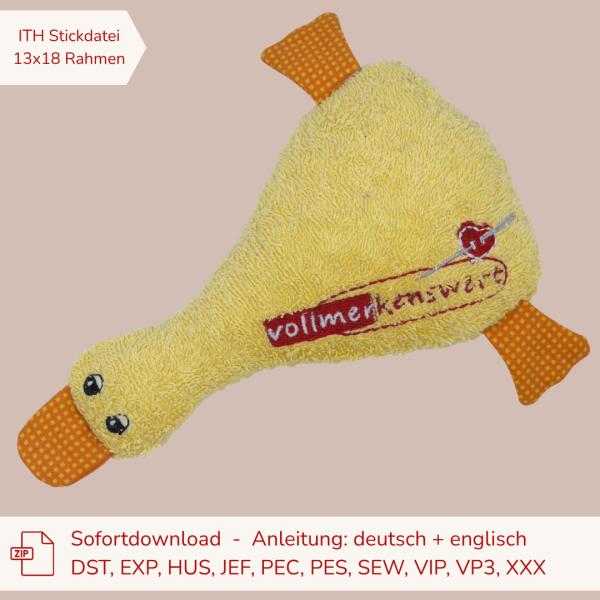 Stickdatei ITH-Ente Kuschelente Schmusetier Größe 19 x 16 cm für 13x18 cm Stickrahmen S026