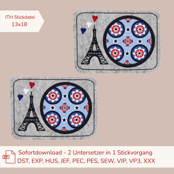 ITH-Stickdatei 2er Set MugRug Untersetzer mit Eiffelturm für Frankreich-Liebhaber für 13x18cm Stickrahmen