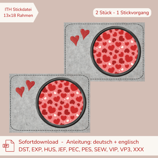 ITH-Stickdatei 2er Set MugRug Untersetzer mit Herzen für 13x18er Stickrahmen