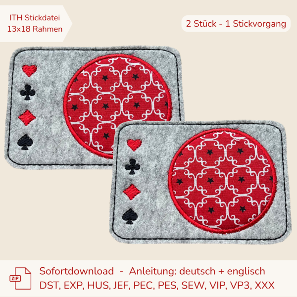 1. ITH-Stickdatei 2er-Set MugRug Untersetzer für Kartenspieler, ITH MugRug mit Kartensymbolen, Kreuz Pik Herz Karo, Stickdatei 13x18 cm