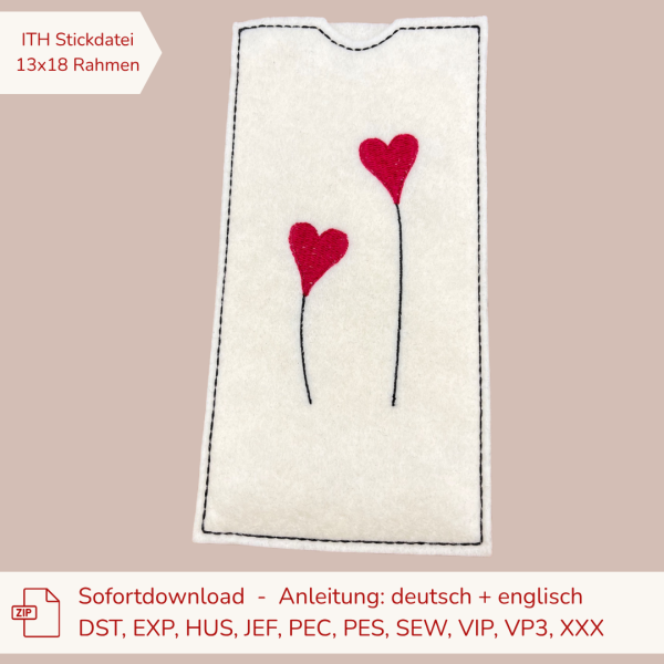 ITH Stickdatei Schokoladenhülle für den 13x18 cm Stickrahmen mit zwei gestickten Herzen am Stiel als romantische Geschenkverpackung für Schokolade.