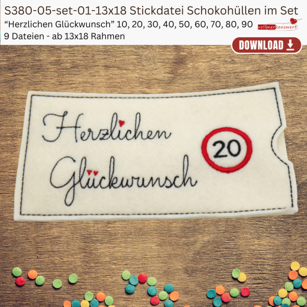 Stickdatei ITH Schokohülle 20 Herzlichen Glückwunsch S380-05-20