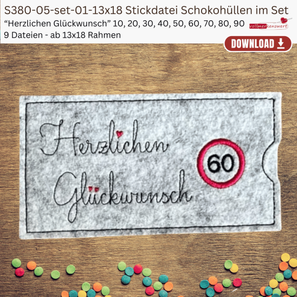 Preview: Stickdatei ITH Schokohülle 20 Herzlichen Glückwunsch S380-05-20