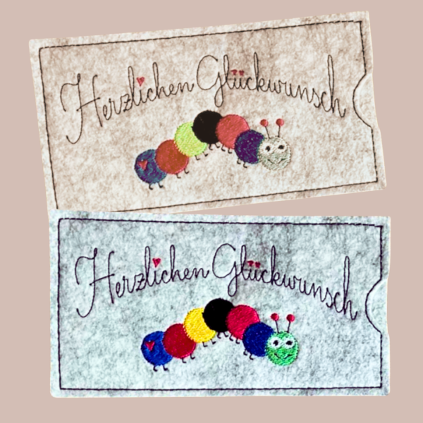 Preview: ITH Stickdatei Schokoladenhülle für den 13x18 cm Stickrahmen Herzlichen Glückwunsch mit Herzen und Raupe als romantische Geschenkverpackung für Schokolade.