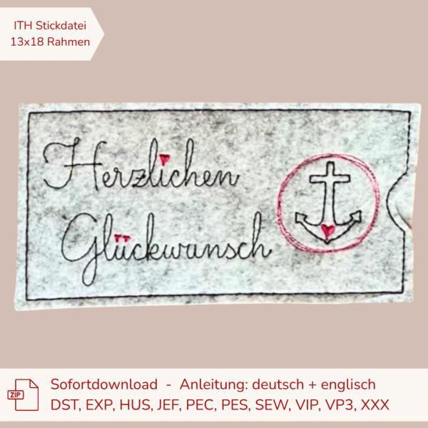 ITH Stickdatei Schokoladenhülle für den 13x18 cm Stickrahmen Herzlichen Glückwunsch mit Herzen und Anker im Doodle-Button am Stiel als romantische Geschenkverpackung für Schokolade.