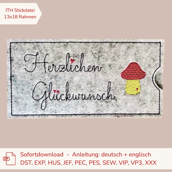 ITH Stickdatei Schokoladenhülle für den 13x18 cm Stickrahmen mit zwei gestickten Herzen am Stiel als romantische Geschenkverpackung für Schokolade.