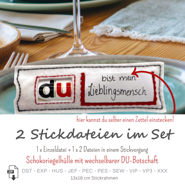 Preview: 2 Stickdateien ITH Schokoriegelhülle DU mit Einschubfach Einzeldatei und 2-fach für 13x18cm Stickrahmen
