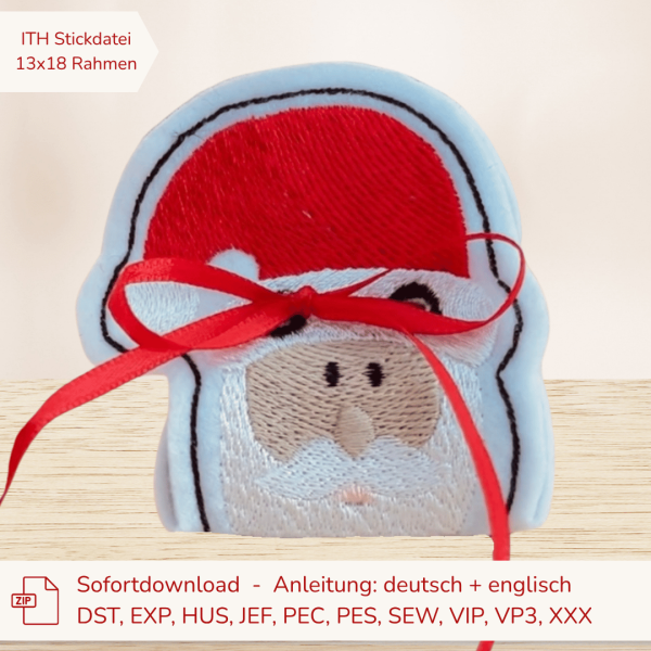 ITH-Stickdatei Geschenkverpackung Weihnachtsmann für 13x18 cm Stickrahmen