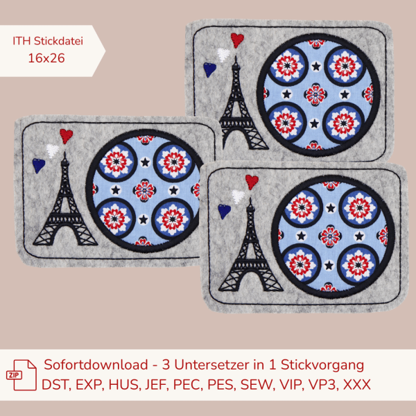 ITH-Stickdatei 3er Set MugRug Untersetzer mit Eifelturm für Frankreich-Liebhaber für 18x30cm Stickrahmen
