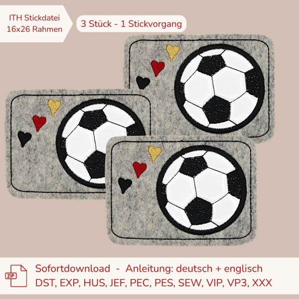 ITH-Stickdatei 3er Set MugRug Untersetzer für Fußball-Fans für 16 x 26 cm Stickrahmen