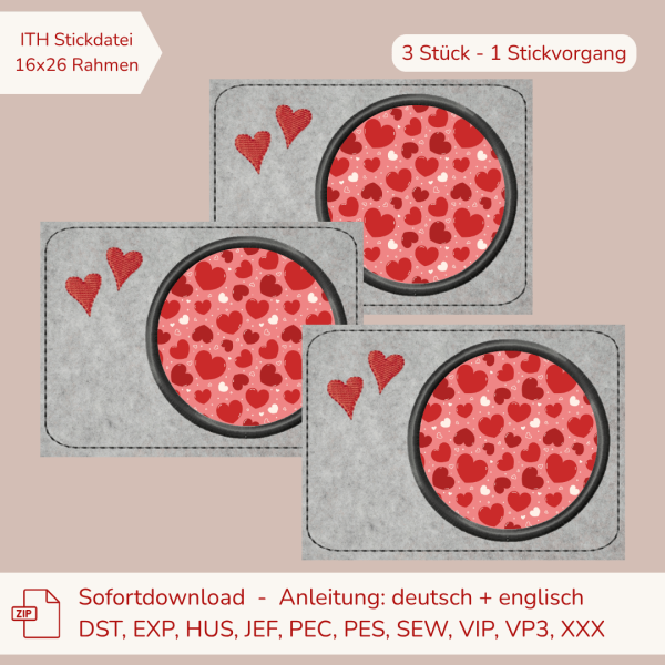 ITH-Stickdatei 3er Set MugRug Untersetzer mit Herzen für 16 x 26 cm Stickrahmen