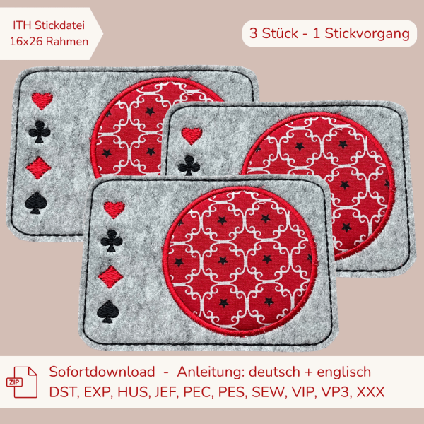 3 ITH-Stickdateien MugRug Untersetzer Kartenspieler für 16x26cm Rahmen