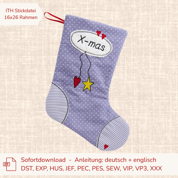 Stickdatei ITH Nikolausstiefel (ohne Schriftzug) für 16x26 cm Stickrahmen S354-02