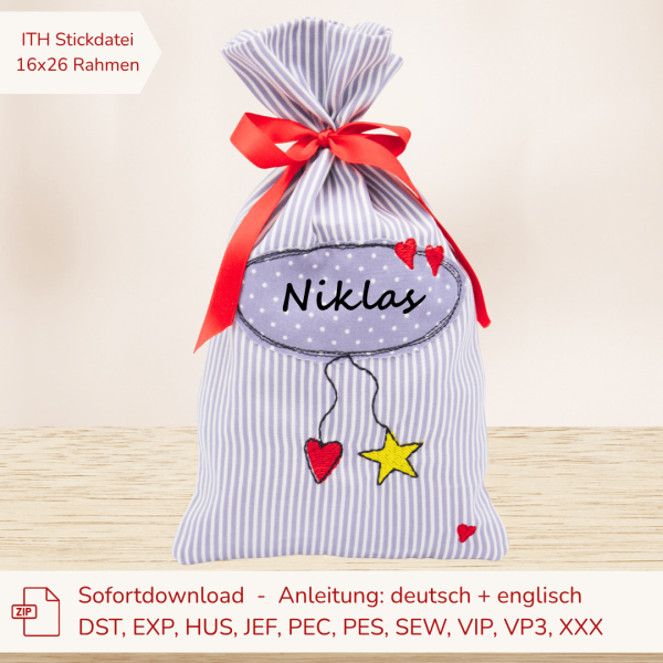 Stickdatei ITH Weihnachtsbeutel (ohne Schriftzug) für 16x26 cm Stickrahmen