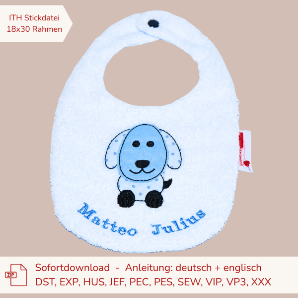 ITH-Stickdatei Lätzchen mit Hund im Doodle-Style für den 18x30er Stickrahmen S091-01