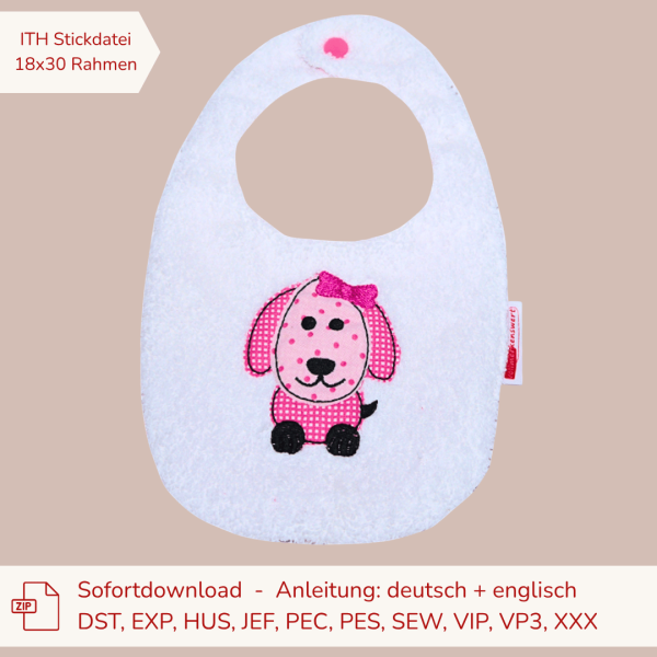 ITH-Stickdatei Lätzchen mit Hund im Doodle-Style für den 18x30er Stickrahmen S091-02