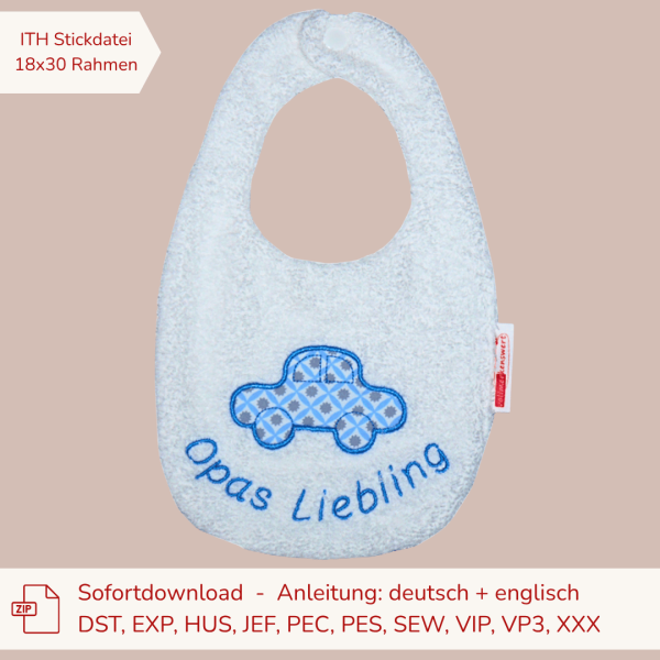 ITH-Stickdatei Lätzchen mit Auto-Applikation für den 18x30er Stickrahmen S091-04