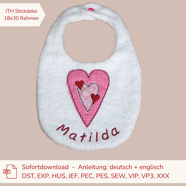 ITH-Stickdatei Lätzchen mit Herz im Doodle-Style für den 18x30er Stickrahmen S091-06