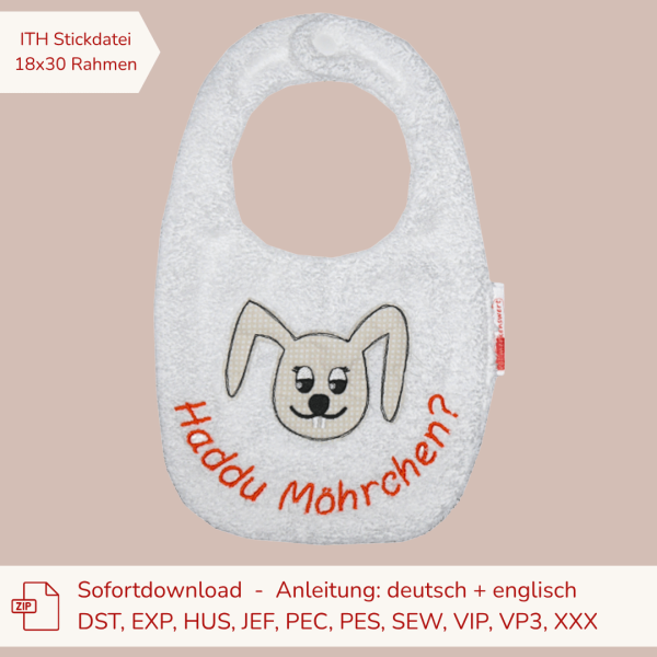 ITH-Stickdatei Lätzchen mit Hasenkopf im Doodle-Style für den 18x30er Stickrahmen S091-08