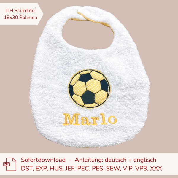 ITH-Stickdatei Lätzchen mit Fußball im Doodle-Style für den 18x30er Stickrahmen S091-09