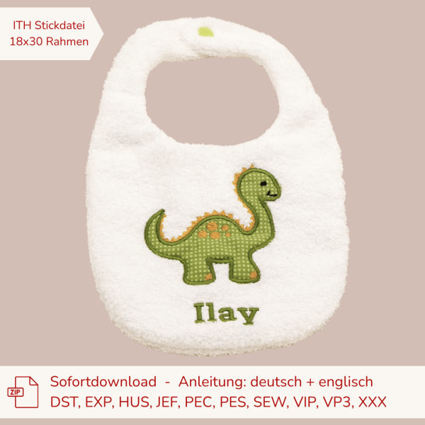ITH-Stickdatei Lätzchen mit Dino - Applikation für 18x30er Stickrahmen S091-390-01