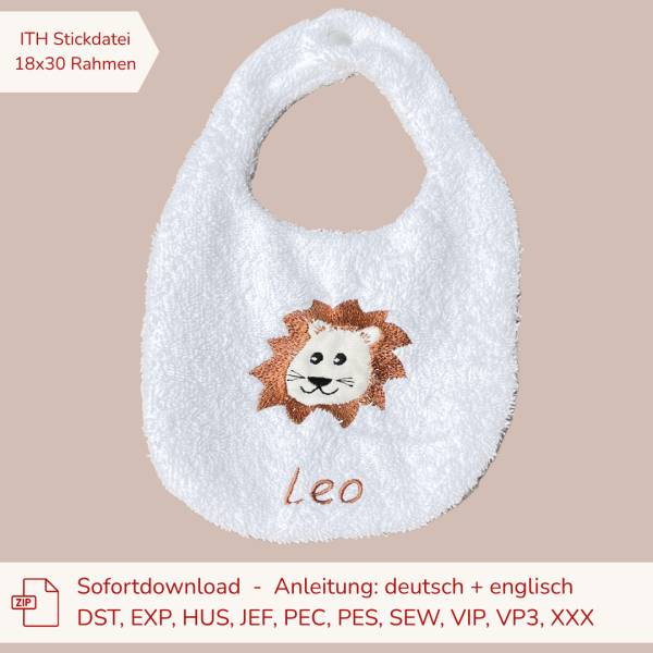 ITH-Stickdatei Lätzchen mit Löwe für 18x30er Stickrahmen S091-395-07