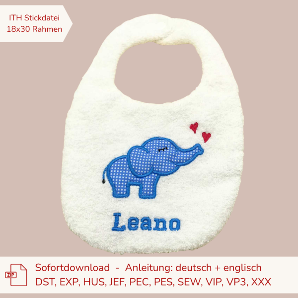 ITH-Stickdatei Lätzchen mit Elefant - Applikation für 18x30er Stickrahmen S091-401-06
