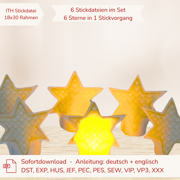 ITH-Stickdatei 6 x LED-Teelicht-Cover Sterne Mehrfach für 18 x 30 cm Stickrahmen