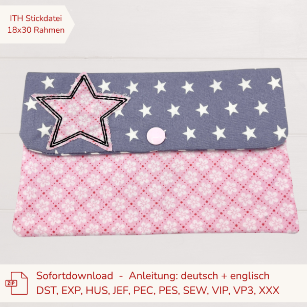 ITH Stickdatei Kosmetiktasche für den 18x30 cm Stickrahmen mit gesticktem Doodle-Stern als Geschenkidee
