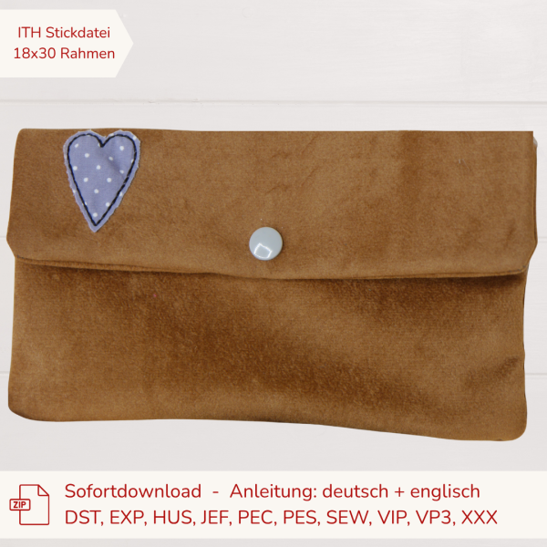 ITH Stickdatei Kosmetiktasche mit Doodle-Herz bestickt | 18x30cm Stickrahmen | In the Hoop Stickdatei