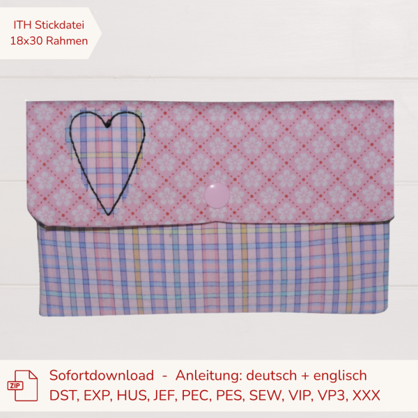 ITH Stickdatei Kosmetiktasche für den 18x30 cm Stickrahmen mit gesticktem Doodle-Herz als Geschenkidee