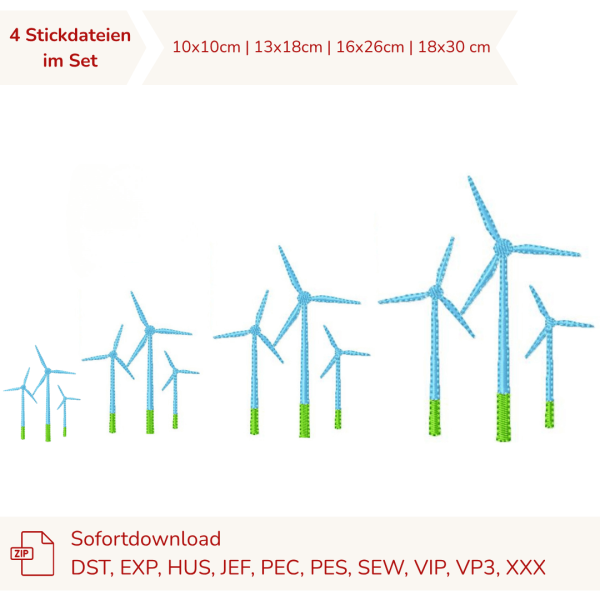 * Stickdateien Set mit drei Windrädern als Vollstickdatei